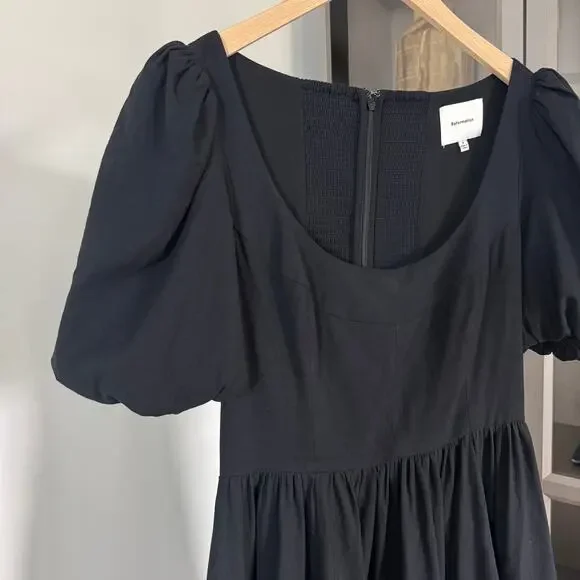 Reformation Black Scoop Neck Puff Sleeve Tiered Maxi Dress 6 Organic Cotton - Picture 3 of 7